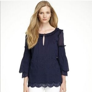 Tory Burch Elegant Chelsie Embroidered  Navy Ruffle Blouse